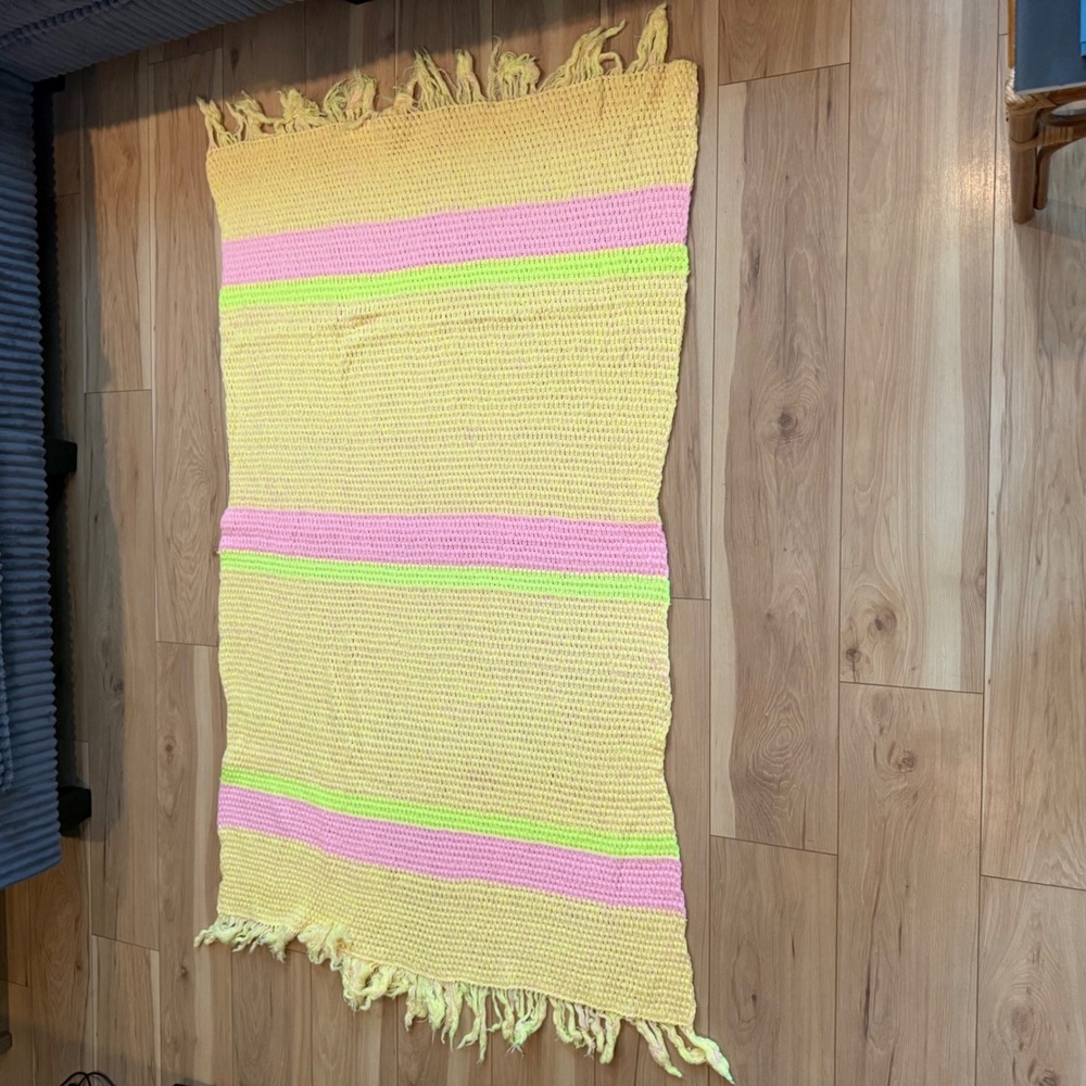 Vtg Handmade Crochet Throw Blanket Yellow Pink Green Stripes Fringe Boho Cottage